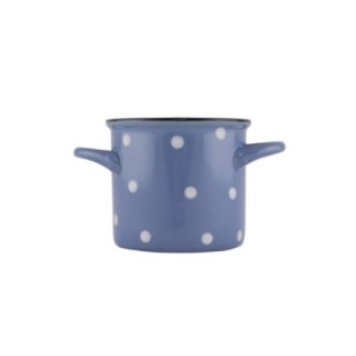 cană ceramică albastră cu buline albe și două mânere laterale pentru servit supe și ciorbe