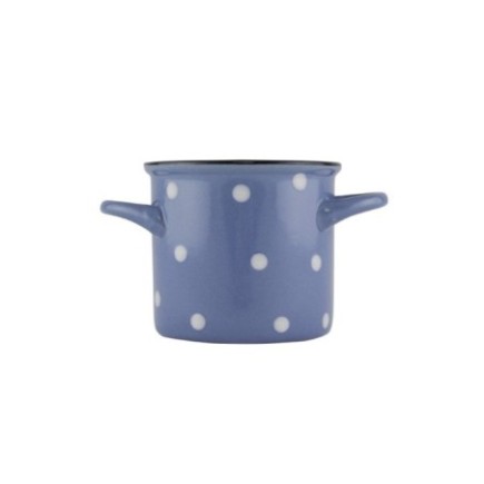 cană ceramică albastră cu buline albe și două mânere laterale pentru servit supe și ciorbe