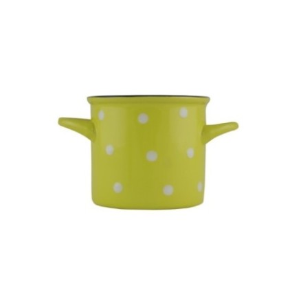 cană din ceramică galbenă cu buline albe și două mânere pentru servit supă sau musli