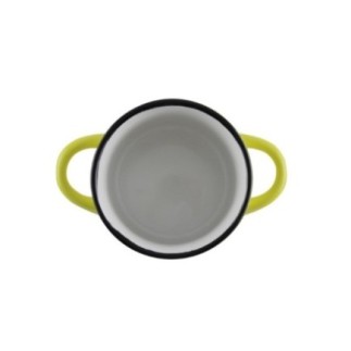 cană din ceramică cu două toarte galbene și albă la interior văzută de sus