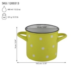 cană ceramică cu două mânere și informații despre dimensiuni capacitate și greutate
