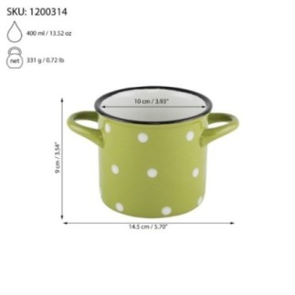 cană ceramică cu două mânere verde cu buline și specificații despre greutate capacitate și dimensiuni