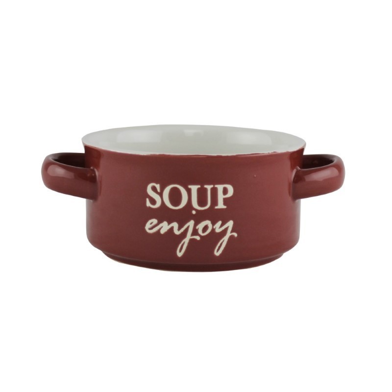 Bol ceramic cu două toarte, pentru servirea supei, ciorbei sau a tocănițelor, utilizare zilnică, stivuibil, roșu, 450 ml