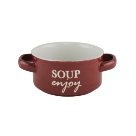 Bol ceramic cu două toarte, pentru servirea supei, ciorbei sau a tocănițelor, utilizare zilnică, stivuibil, roșu, 450 ml