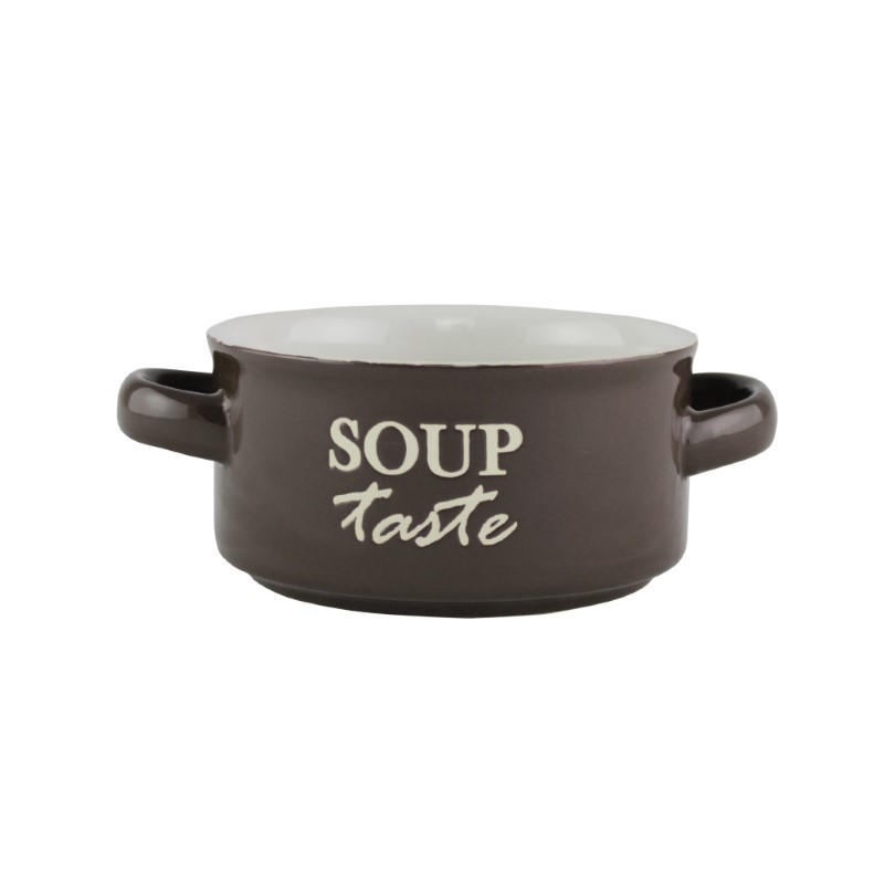 Bol ceramic cu două toarte, pentru servirea supei, ciorbei sau a tocănițelor, utilizare zilnică, stivuibil, maro, 450 ml
