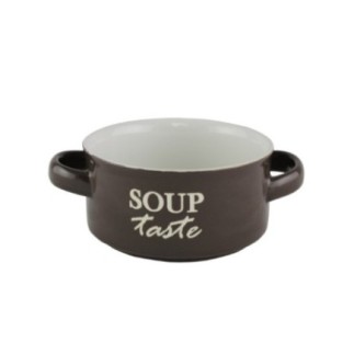 Bol ceramic cu două toarte, pentru servirea supei, ciorbei sau a tocănițelor, utilizare zilnică, stivuibil, maro, 450 ml