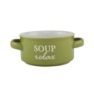 bol rotund pentru servit supă din ceramică verde cu două mânere și text inscripționat