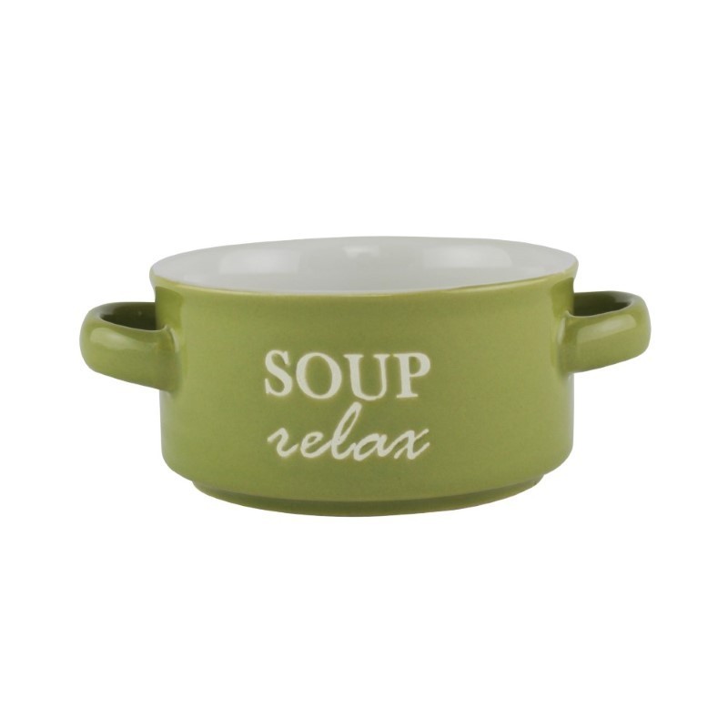 Bol ceramic cu două toarte, pentru servirea supei, ciorbei sau a tocănițelor, utilizare zilnică, stivuibil, verde, 450 ml