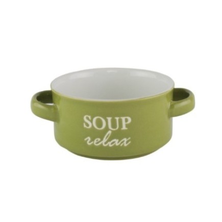 Bol ceramic cu două toarte, pentru servirea supei, ciorbei sau a tocănițelor, utilizare zilnică, stivuibil, verde, 450 ml