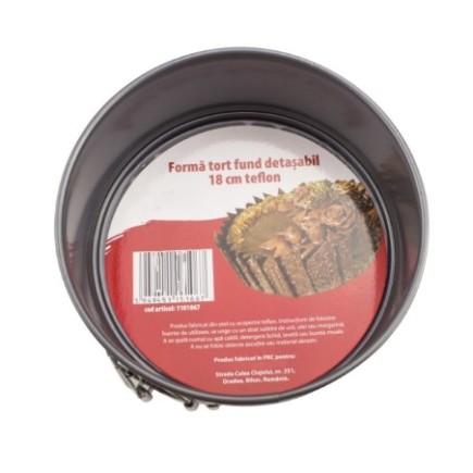 formă pentru copt tort rotundă 18 cm neagră din teflon cu etichetă colorată în interior și dispozitiv de lărgire a pereților