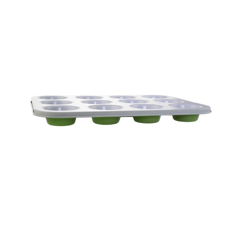Tavă pentru copt brioșe 12 compartimente și strat cu acoperire ceramică ideală pentru prăjituri sau aperitive la cuptor, verde