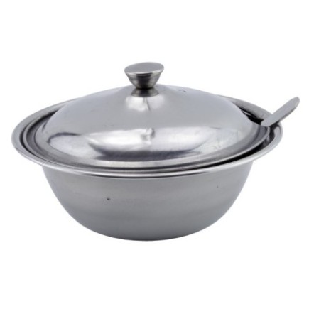 bol din inox cu capac și linguriță pentru zahăr sau dulceață
