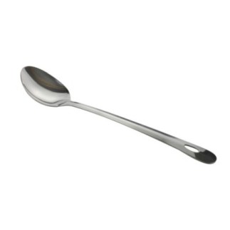 Lingură de gătit din inox, cu mâner plat și agățătoare, ustensilă esențială în bucătărie, perfectă pentru amestec și servit