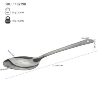 lingură de gătit din inox cu specificații despre dimensiuni și greutate