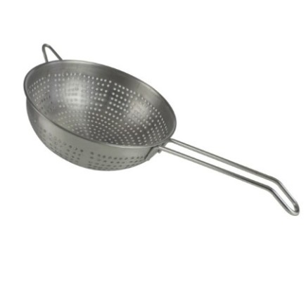 strecurătoare alimente rotundă din inox cu un mâner dublu și agățătoare