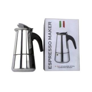 espresor moka clasic din inox pentru 4 espresso italian așezat lângă cutia în care este ambalat