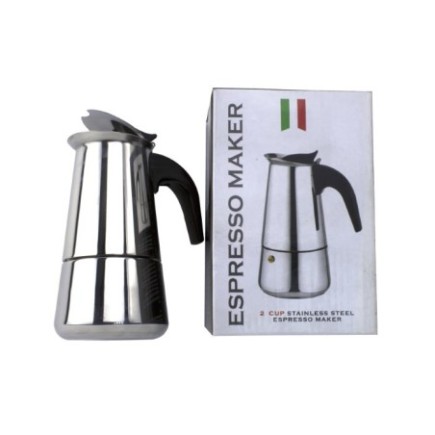 espresor moka clasic din inox pentru 4 espresso italian așezat lângă cutia în care este ambalat