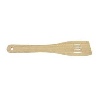 Spatulă de bucătărie din lemn natural, ideală pentru gătit și amestecat fără a zgâria vasele, îngustă, cu fante de scurgere