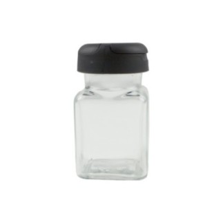 borcănaș mic din sticlă cu capac din plastic negru pentru condimente