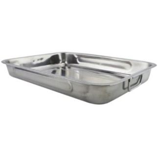 tavă inox dreptunghiulară cu mânere pentru friptură și informații despre dimensiuni și capacitate