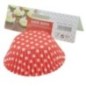 Set de forme pentru copt brioșe, rotunde, din hârtie specială colorată, 2.5x6 cm, rezistente la căldură, 100 buc hârtie copt brioșe polka dots întoarsă cu susul în jos lângă eticheta ambalaj