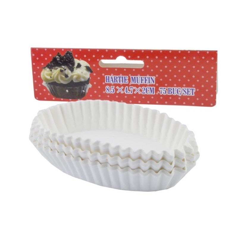 Set de hârtii pentru copt brioșe, ovale din hârtie specială albă, 8.5x4.7x2 cm, rezistente la căldură, 75 buc