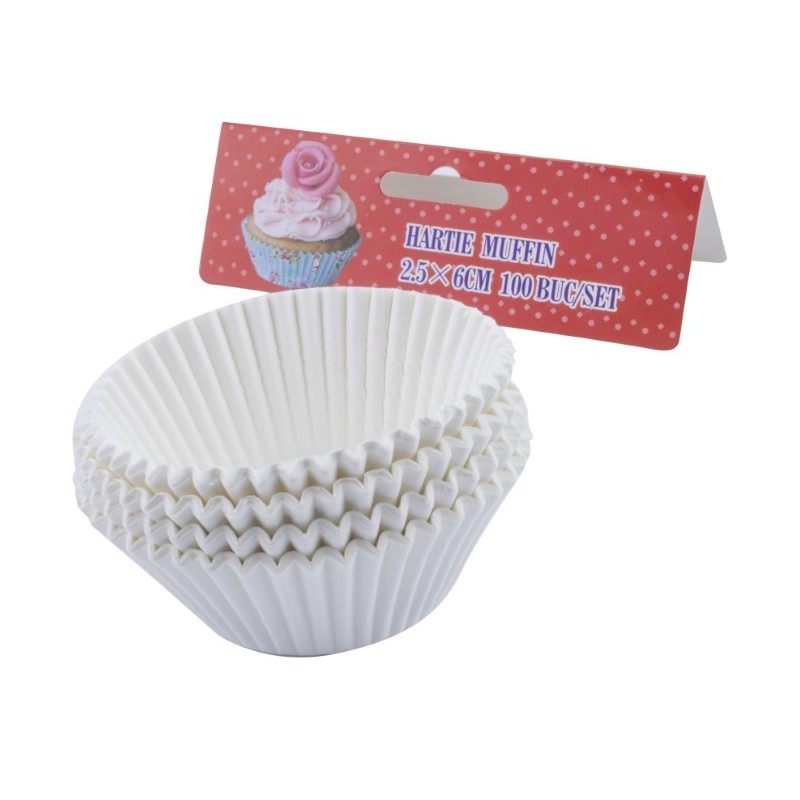 Set de forme pentru copt brioșe, rotunde, din hârtie specială albă, 2.5x6 cm, rezistente la căldură, 100 buc Set de forme pentru copt brioșe, rotunde, din hârtie specială albă, 2.5x6 cm, rezistente la căldură, 100 buc