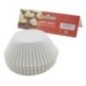 Set de forme pentru copt brioșe, rotunde, din hârtie specială albă, 2.5x6 cm, rezistente la căldură, 100 buc stivă de hârtii pentru copt muffins rotunde și albe întoarsă cu susul în jos lângă eticheta de carton