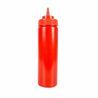 flacon roșu din plastic care se strânge în mână cu capac filetat și vârf ascuțit pentru ketchup