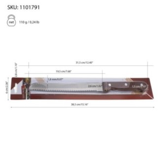 cuțit pentru feliat pâine cu lamă zimțată din inox și mâner din lemn în ambalaj hartie cartonată și blister din plastic