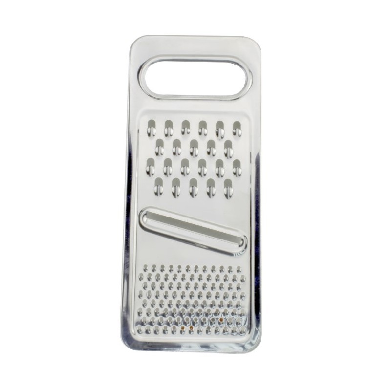 Răzătoare plată din inox, de mâna, compactă și durabilă, cu trei zone de tăiere pentru răzuit fin grosier și feliat uniform