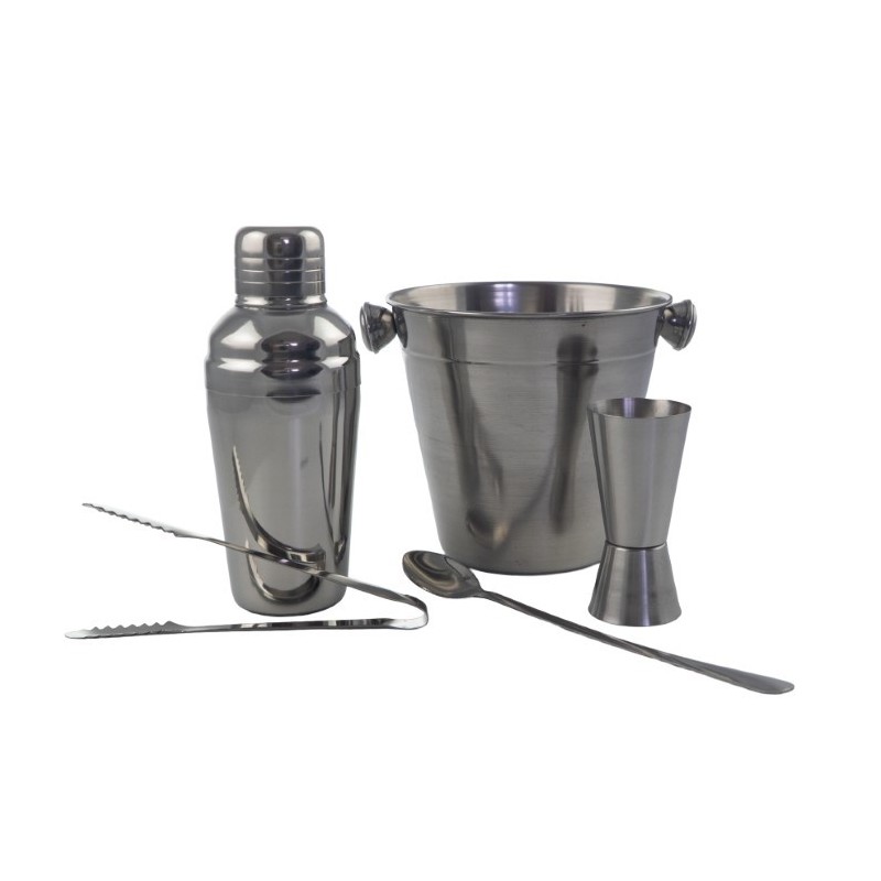 Set 5 ustensile pentru mini bar: găleată pentru gheață, shaker cocktail, clește, țoi, linguriță de bar cu coadă lungă