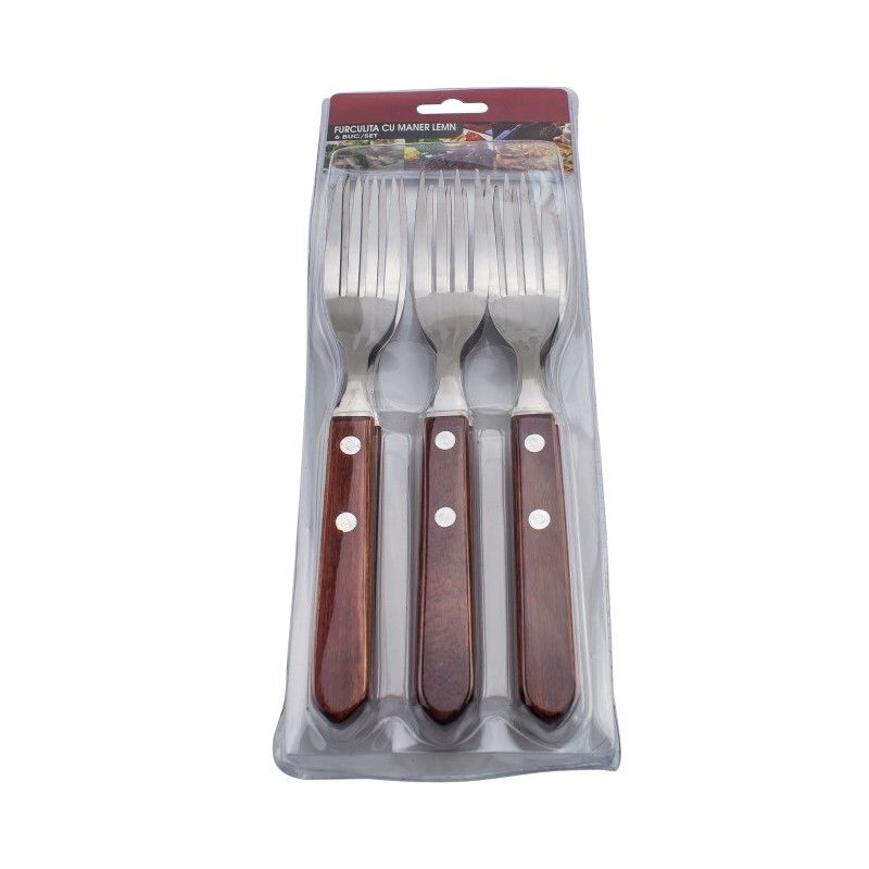 Set furculițe de masă, cu lamă din inox și mâner rustic din lemn, tacâmuri pentru servirea mesei, 6 buc