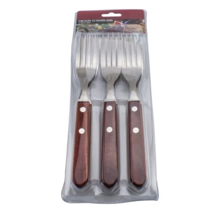 set 6 furculițe de masă cu mâner din lemn în ambalaj de carton cu blister transparent