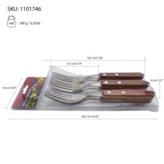 set de 6 furculițe cu mâner de lemn în ambalaj cu specificații despre dimensiuni