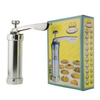 Aparat de făcut biscuiți și fursecuri, din inox, presă cu piston și 20 modele incluse pentru modelat aluat în forme creative