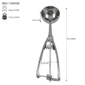 lingură de înghețată din inox cu mâner acționat prin arc și informații despre dimensiuni
