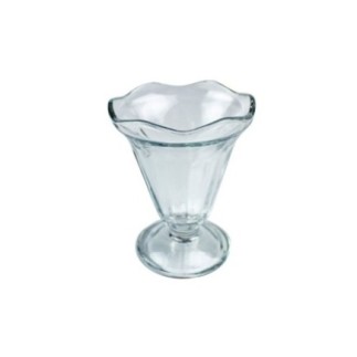 pahar de sticlă pe picior îngust la bază cu margini ondulate pentru servit înghețată