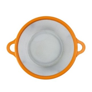 strecurătoare rotundă cu plasă măruntă cu două mânere și cadru din plastic portocaliu vedere de sus