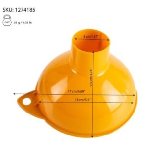 pâlnie din plastic cu orificiu pentru scurgere larg întoarsă cu susul în jos și informații despre dimensiuni