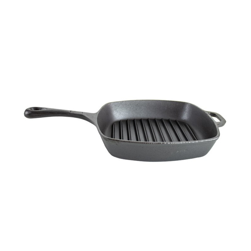 Tigaie grill pătrată din fontă, bază striată antiaderentă, mâner solid cu agățătoare potrivită pentru aragaz și cuptor, 26 cm