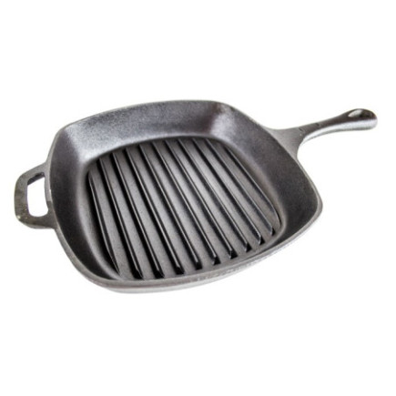 Tigaie grill pătrată din fontă, bază striată antiaderentă, mâner solid cu agățătoare potrivită pentru aragaz și cuptor, 26 cm