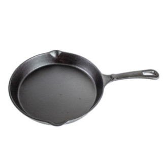 tigaie rotunda din fonta cu fante de scurgere pe lateral si maner turnat cu orificu pentru agatat