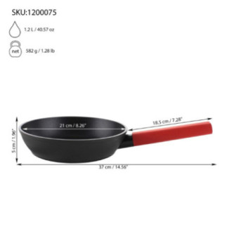 tigaie din teflon cu mâner învelit în silicon roșu și informații despre dimensiuni prezentate grafic