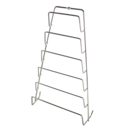 Suport inox vertical pentru șase capace de oale, montaj pe perete, o soluție practică pentru economisirea spațiului în bucătărie