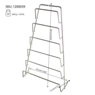 suport vertical pentru 6 capace de tigăi cu prindere de perete și cu informații despre dimensiuni