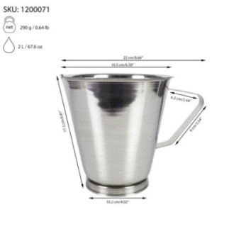 cană gradată din inox conică cu mâner și detalii despre dimensiuni și capacitate 2L