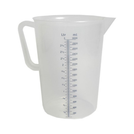 cană pentru măsurat din polipropilenă gradată pe exterior până la 3 L cu cioc de scurgere și mâner