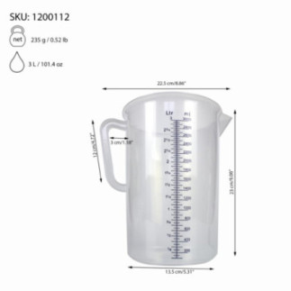 cană gradată de 3 L din polipropilenă cu specificații despre dimensiuni și capacitate
