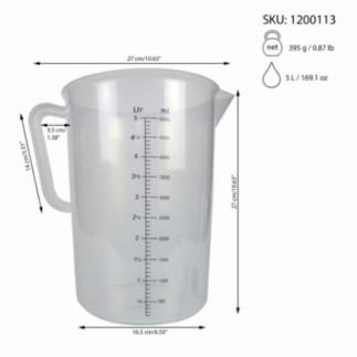 cană din polipropilenă și scală gradată pe exterior până la 5 L cu detalii tehnice marcate prin săgeți